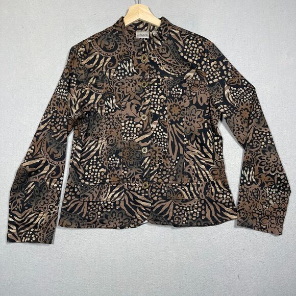 Chicos Blazer Jacket Women Size 1 Medium Floral Cotton Blend Gold Black Metallic - Picture 1 of 12